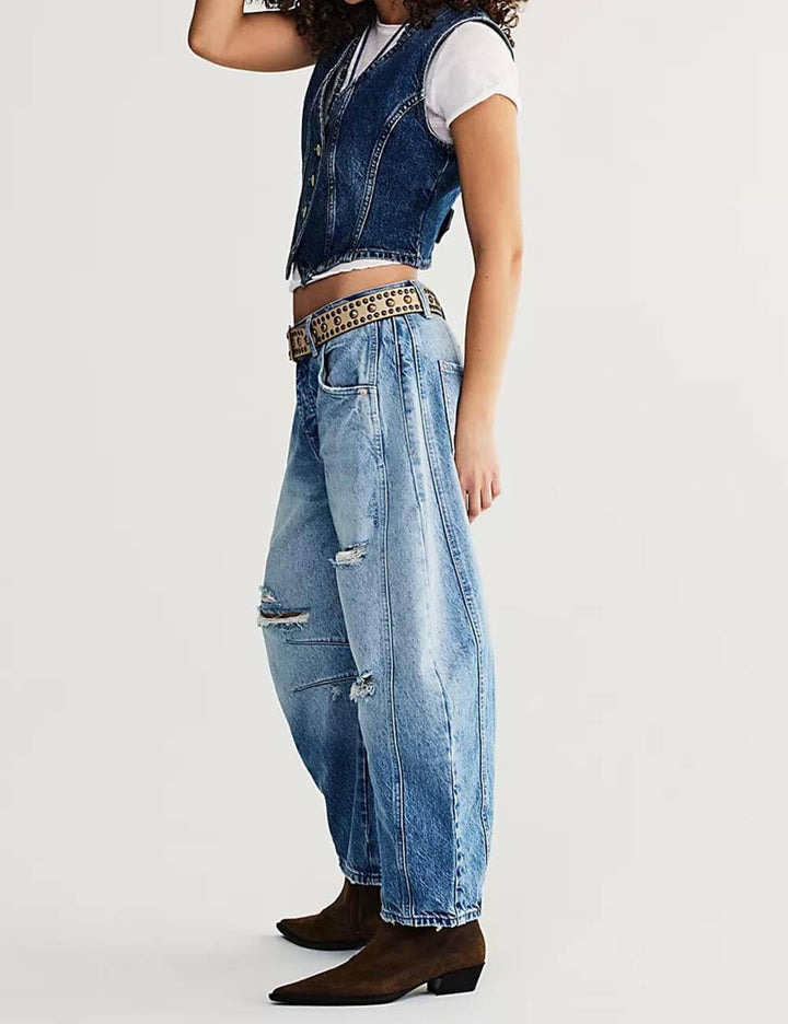 Ladies Mid Rise Wide Leg Barrel Jeans SKP522: Denim Blue / M