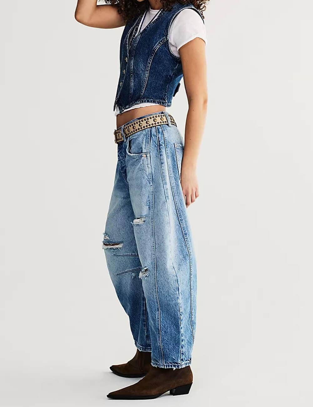 Ladies Mid Rise Wide Leg Barrel Jeans SKP522: Denim Blue / S