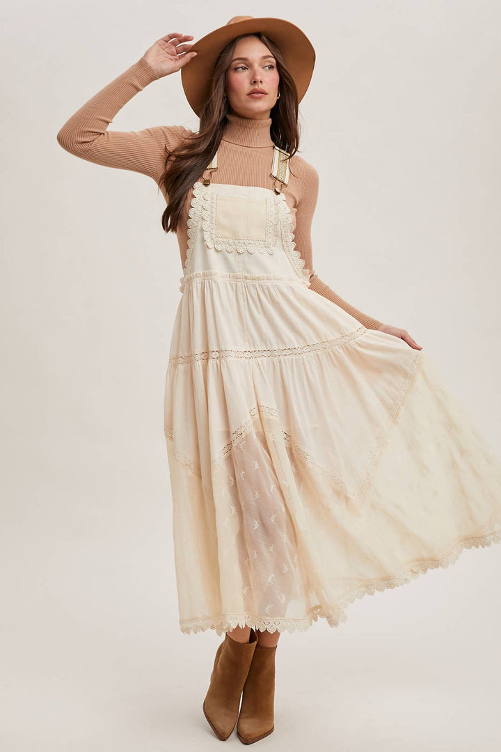 LACE EMBROIDERED TULLE BIB MAXI DRESS: ASH / S