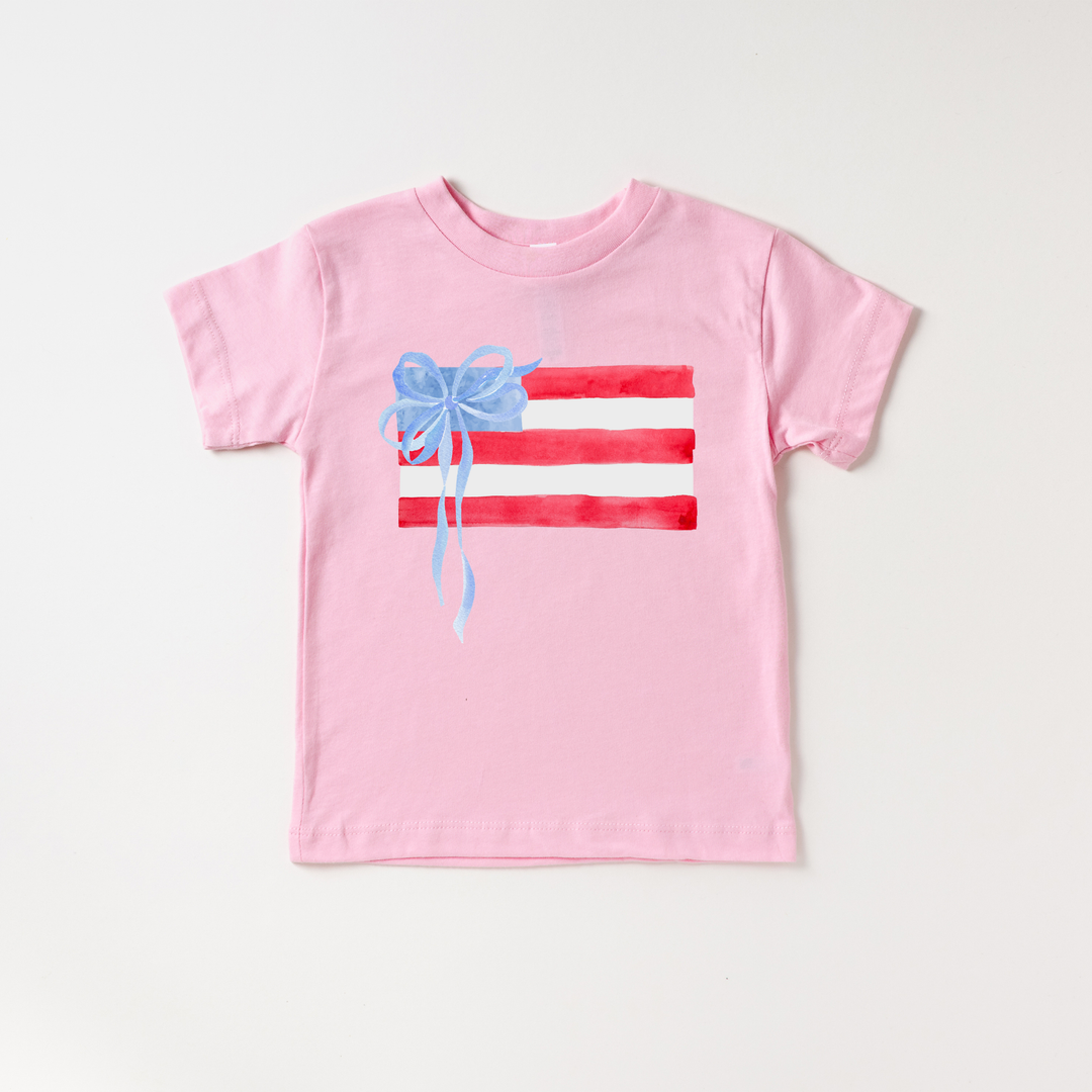 American Flag and Bow Girl 4th of July Kids Shirt: Ice Blue