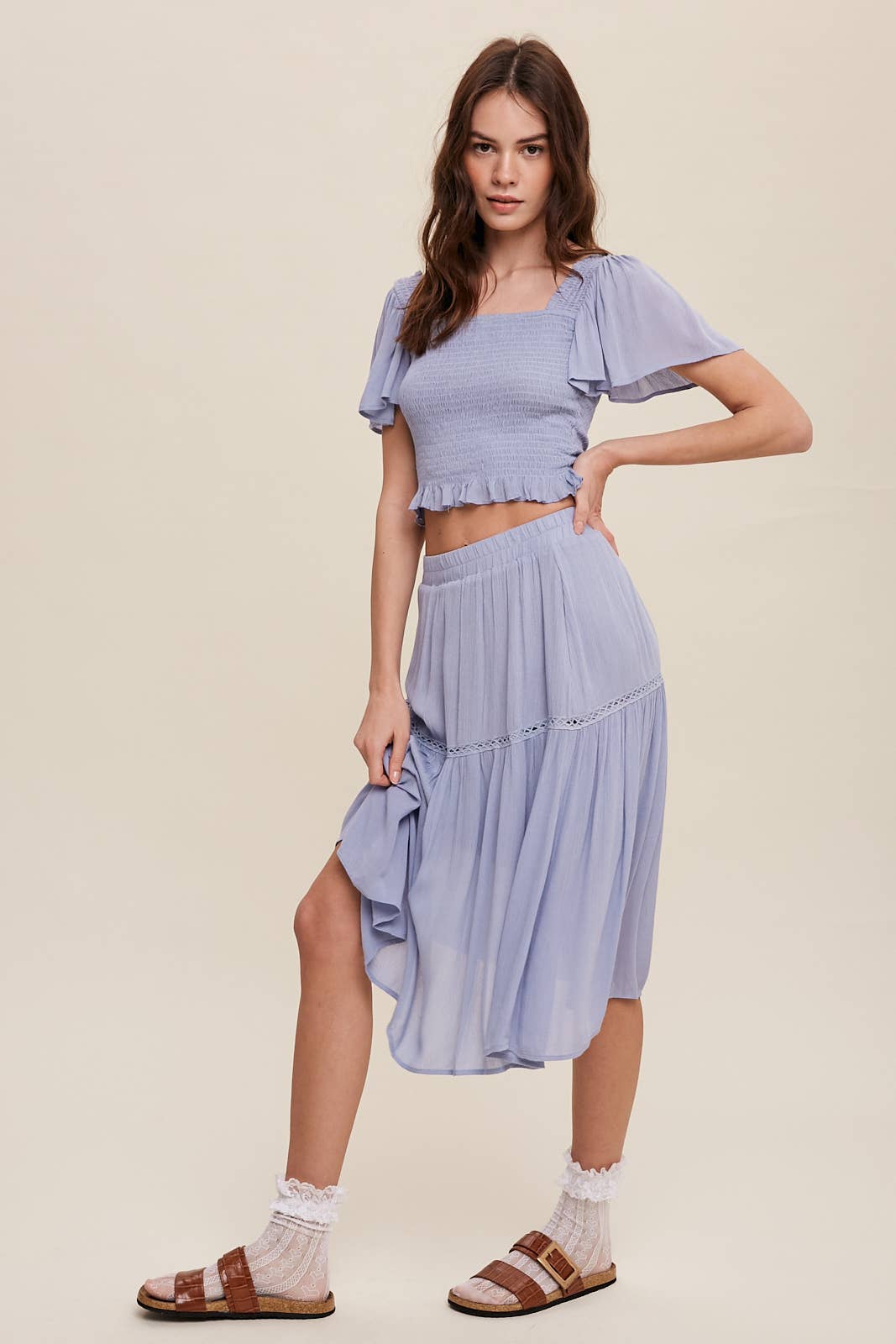 Smocked Crop Top & Tiered Midi Skirt Set: Gray