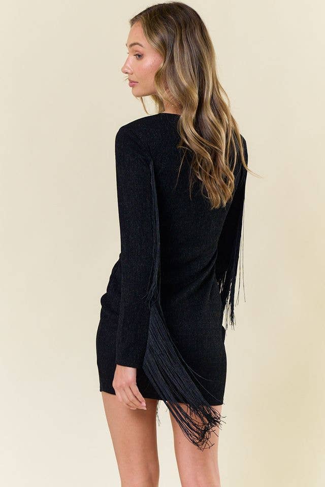 SD2580C METALLIC BLACK FRINGED BODYCON DRESS - STRETCH: L