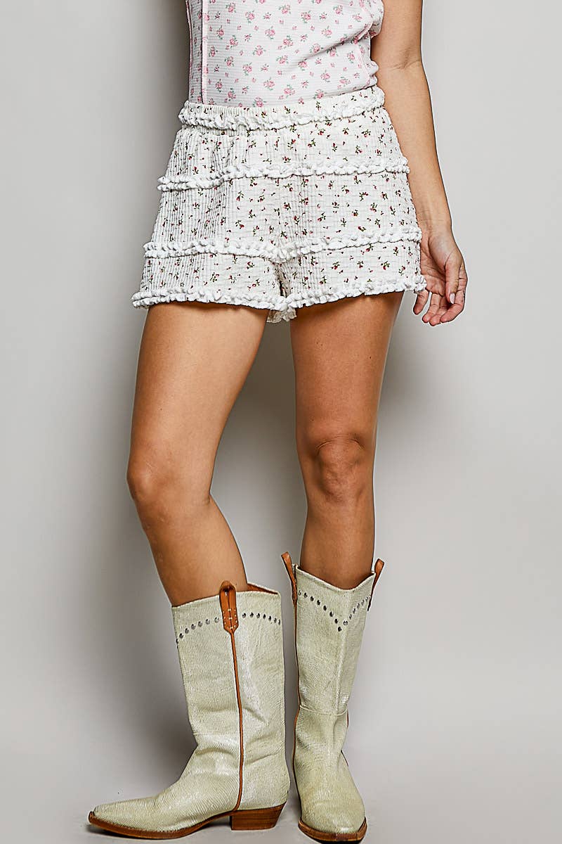 Floral Smocked Ruffle Tiered Shorts: MOCHA