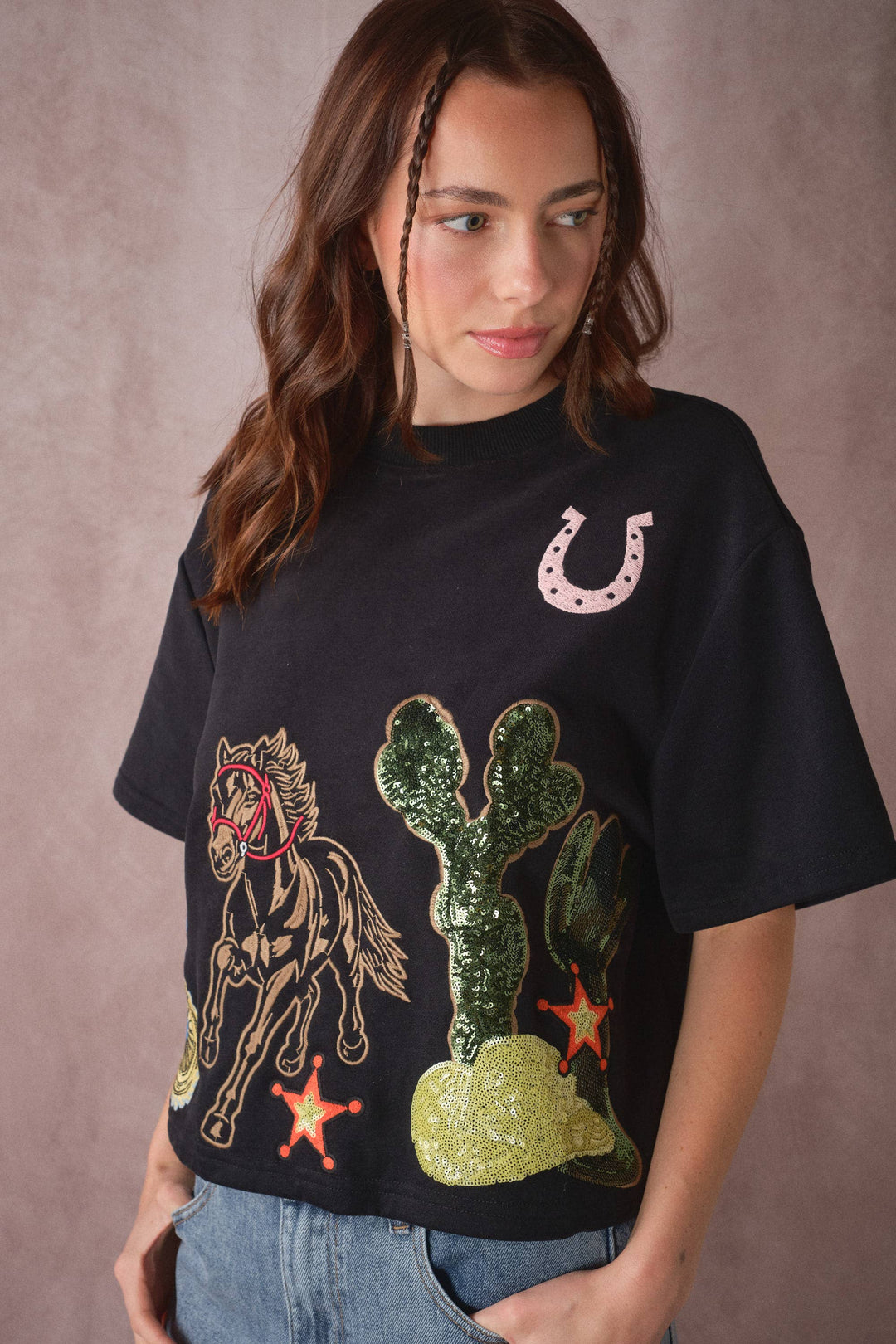 Western Patch Embroidered Knit Top