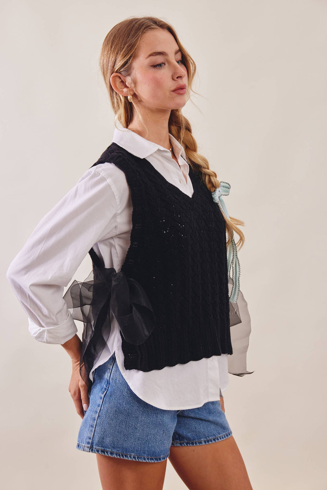 Pointelle Knit Ribbon-Tie Vest Top