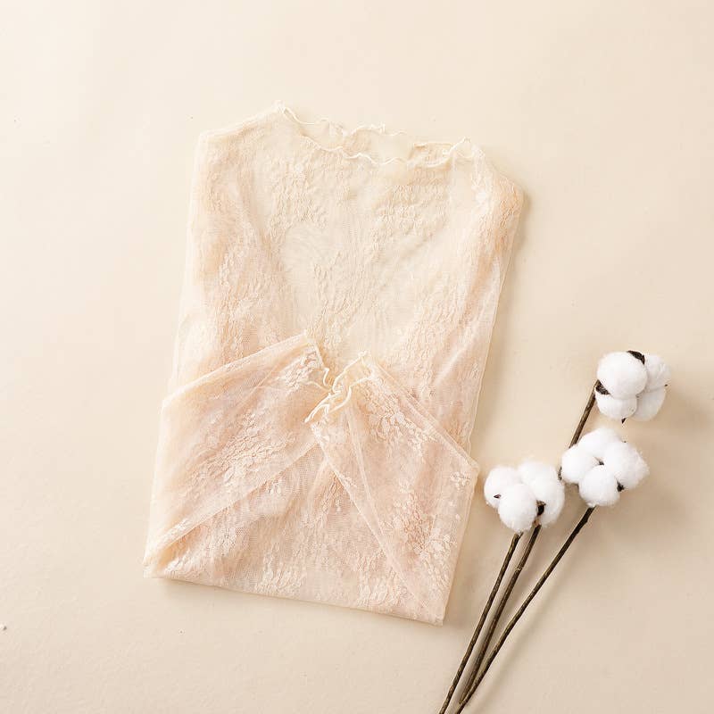 Semi Sheer Mesh Floral Lace Layering See Through Top: Nude / M