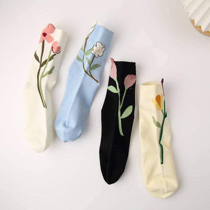 Three-dimensional flower socks with branches and leaves: Yellow