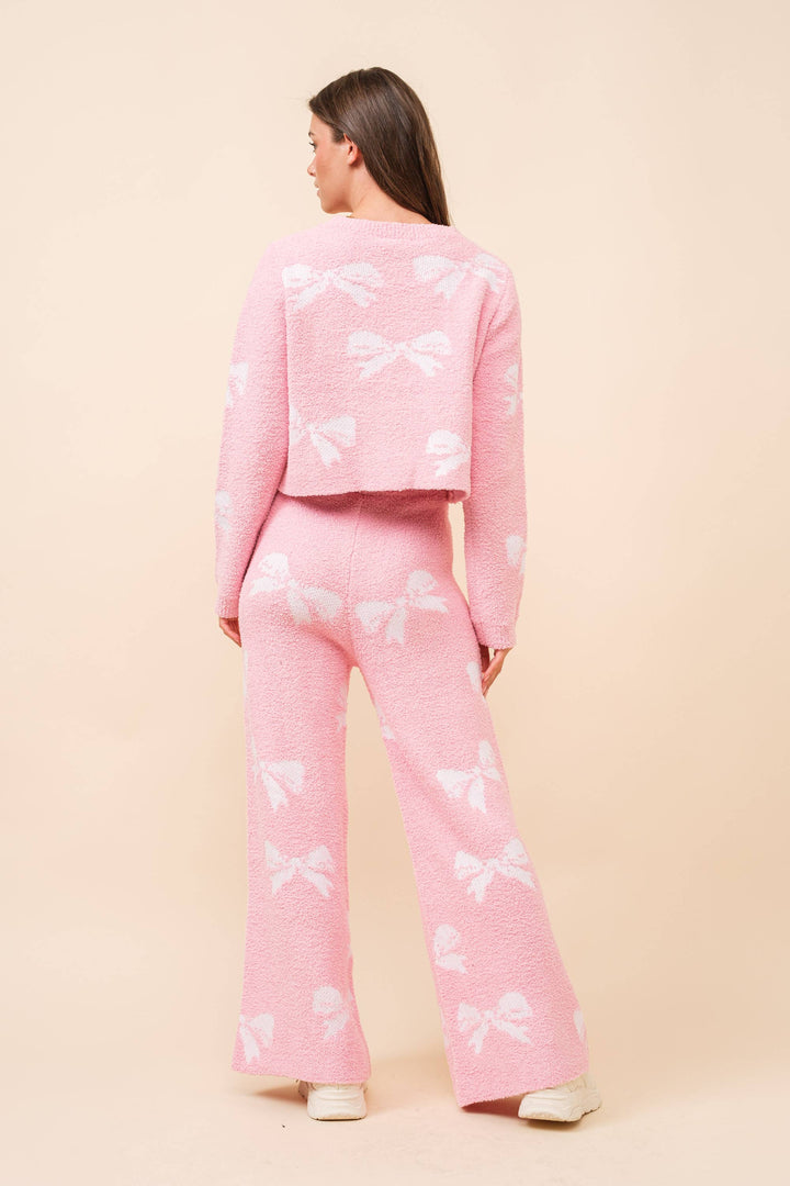 36350SET - Bow Print Cozy Sweater Set: Taupe / M