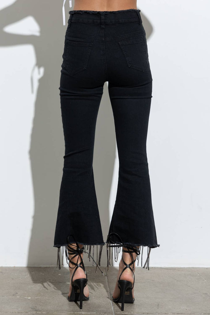 1365P - RHINESTONE FRINGE DENIM PANTS: BLACK / MEDIUM