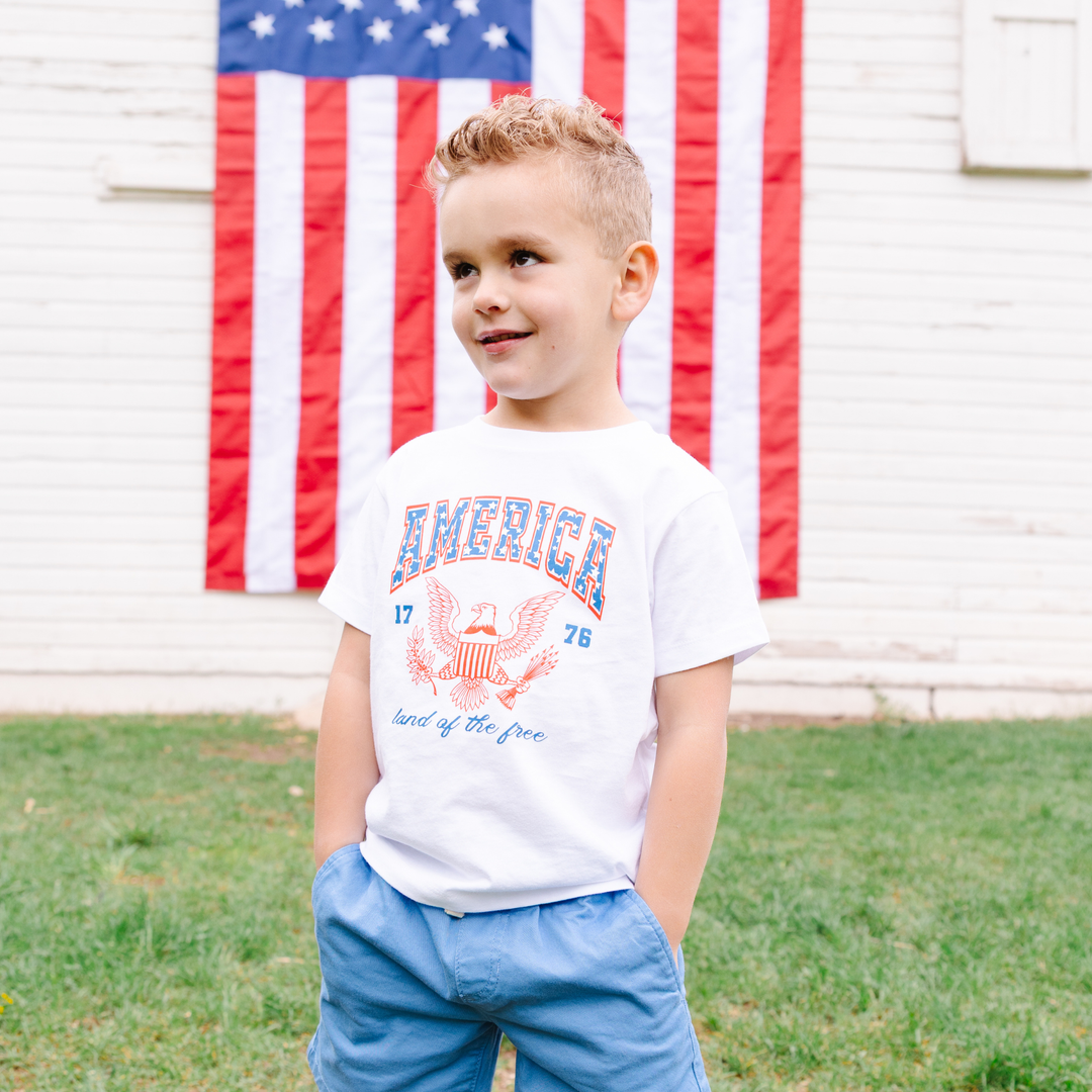 America Land of the Free Boy 4th of July Kids Shirt : WHITE