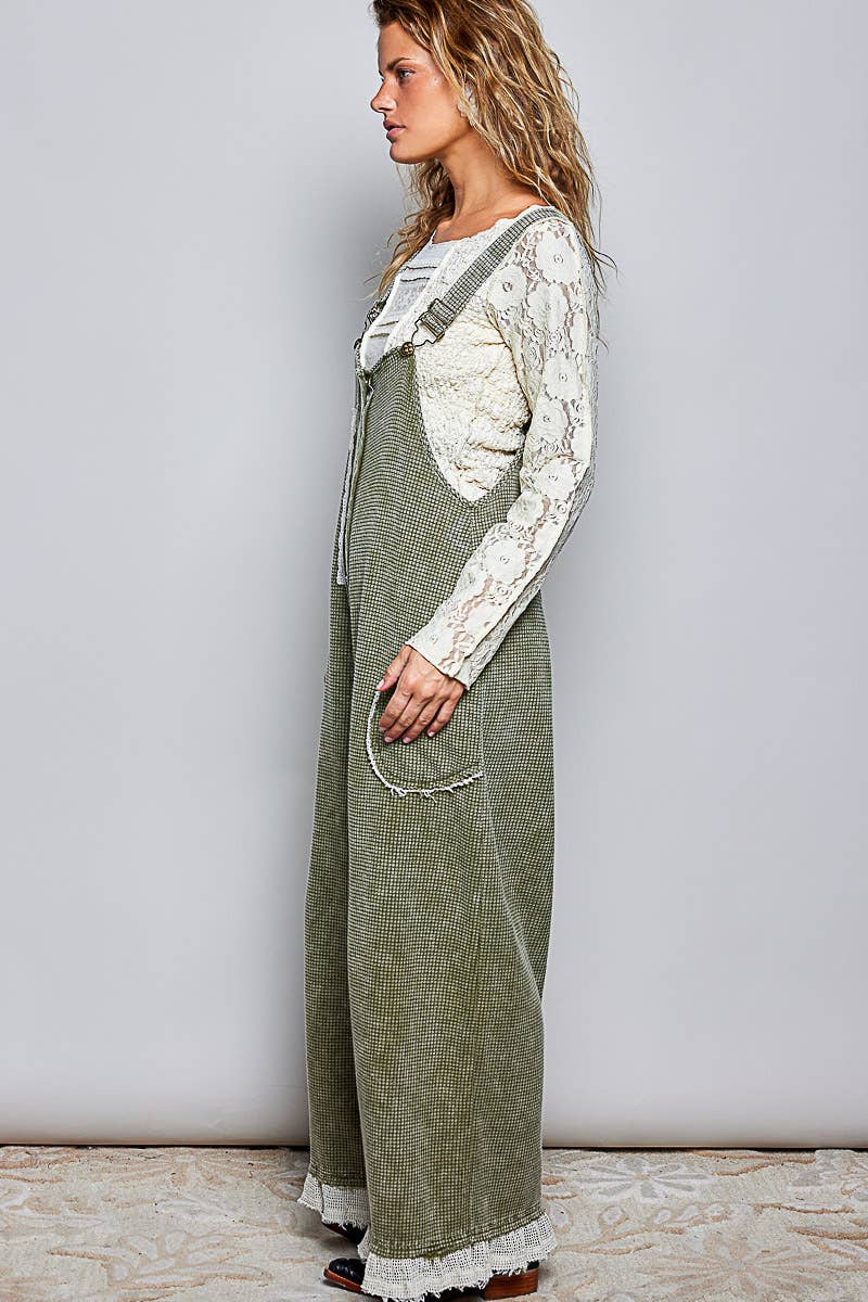 Thermal Cotton Lace Rib Placket Metal Snap Wide Leg Overall