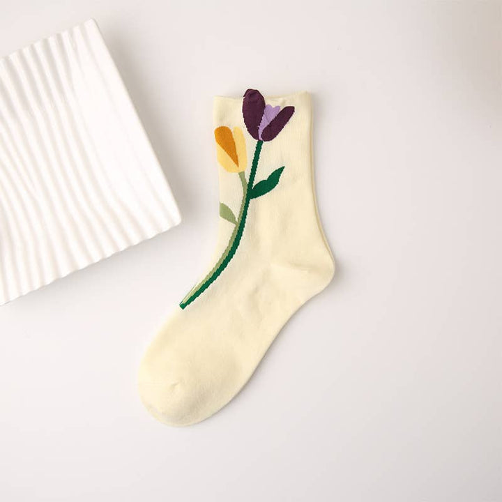 Three-dimensional flower socks with branches and leaves: Yellow
