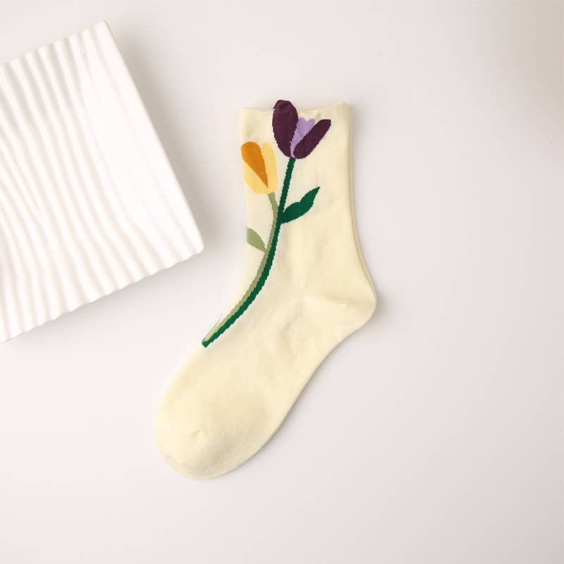 Three-dimensional flower socks with branches and leaves: White