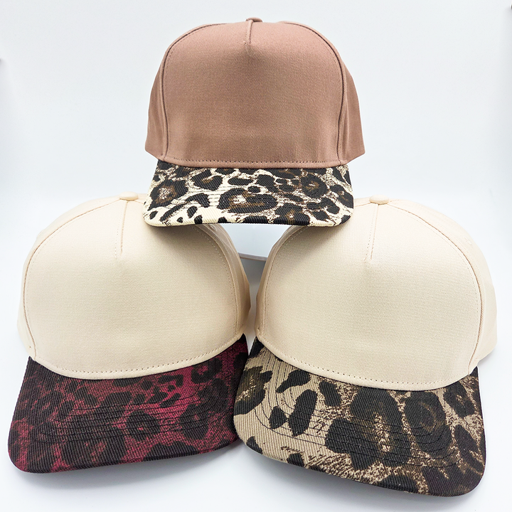 Cotton Leopard Blank Hats - Various Colors: Khaki with Red Leopard Bill