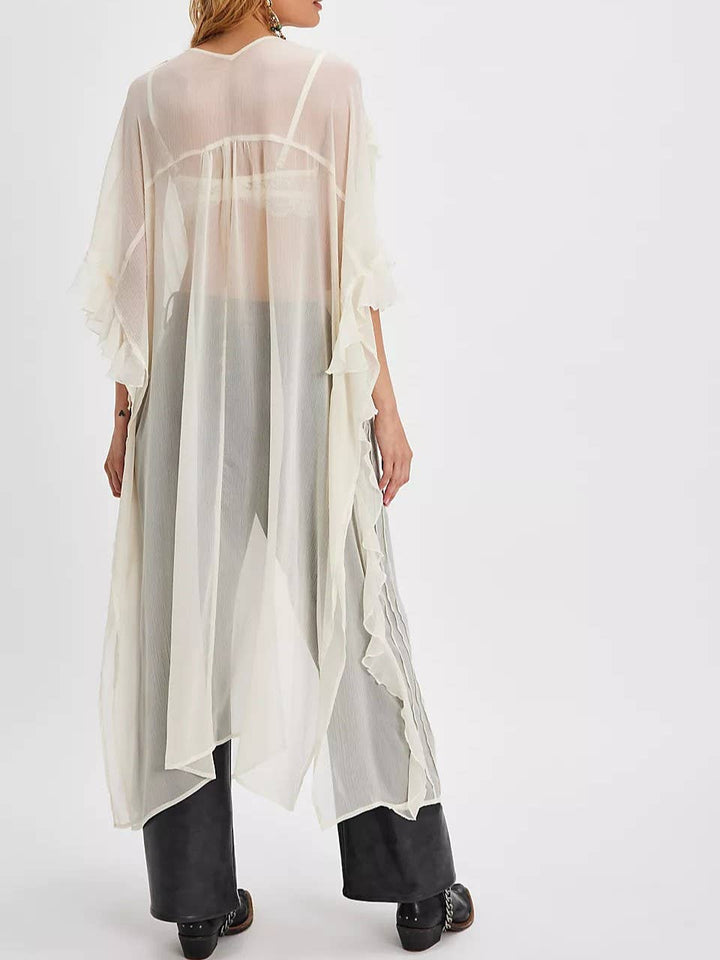 Boho lightweight sheer ruffle maxi top duster kimono jacket: OffWhite / M