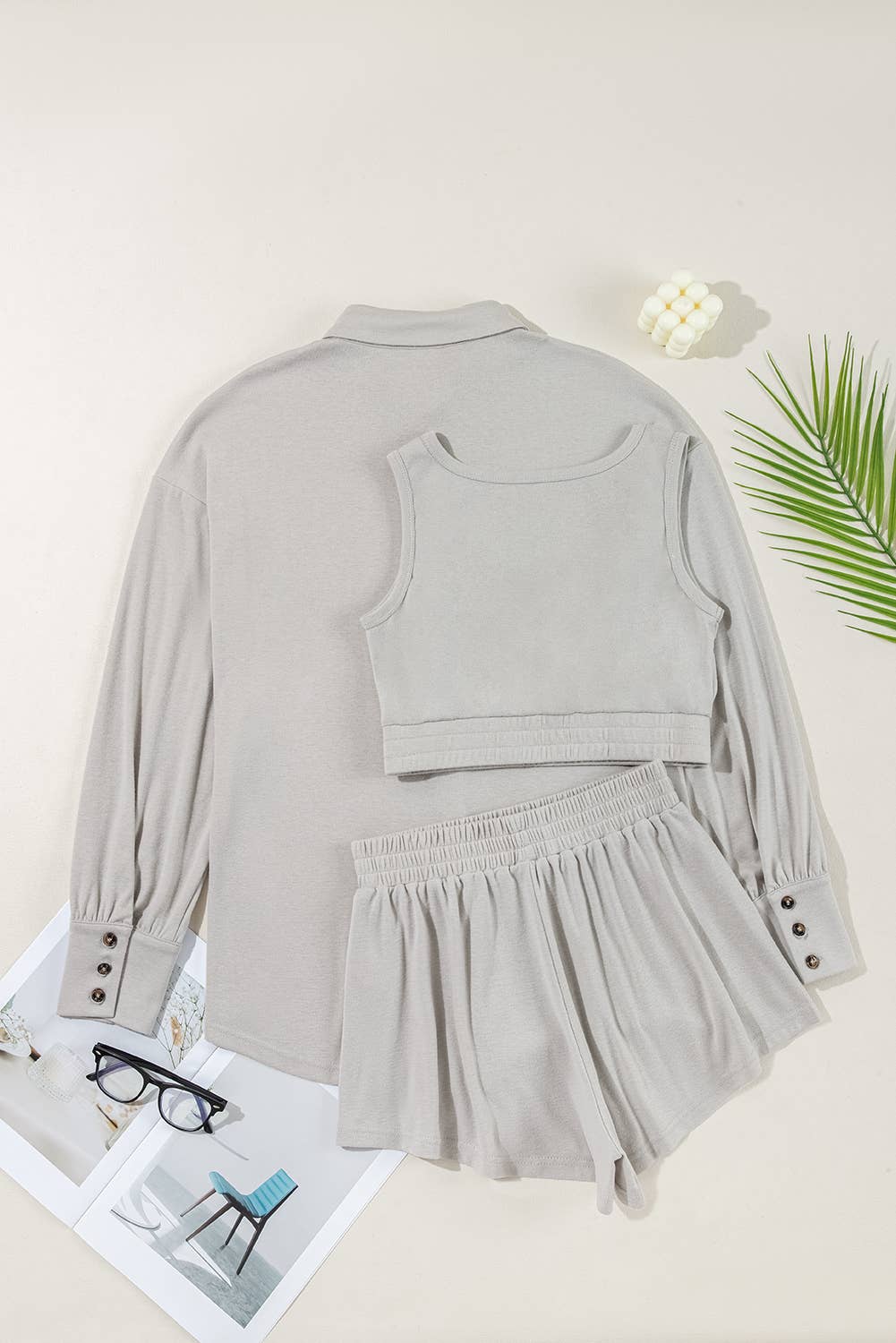 3 Pcs Crop Tank Top Shorts with Cardigan Lounge Set: Gray / Missy