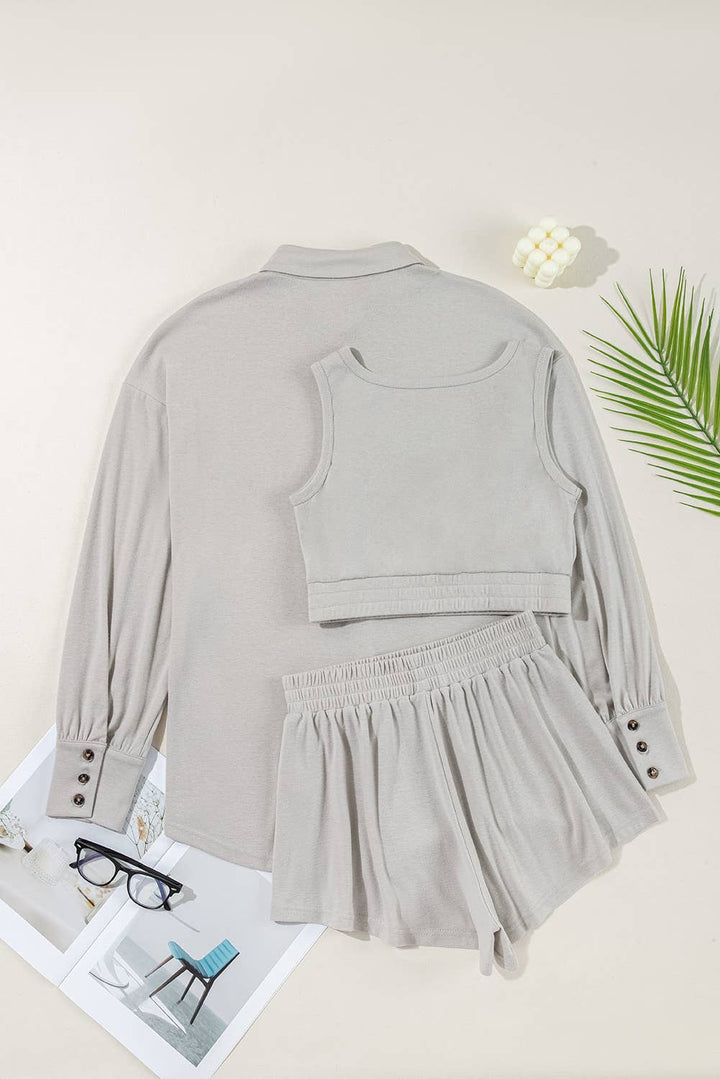 3 Pcs Crop Tank Top Shorts with Cardigan Lounge Set: Gray / Missy