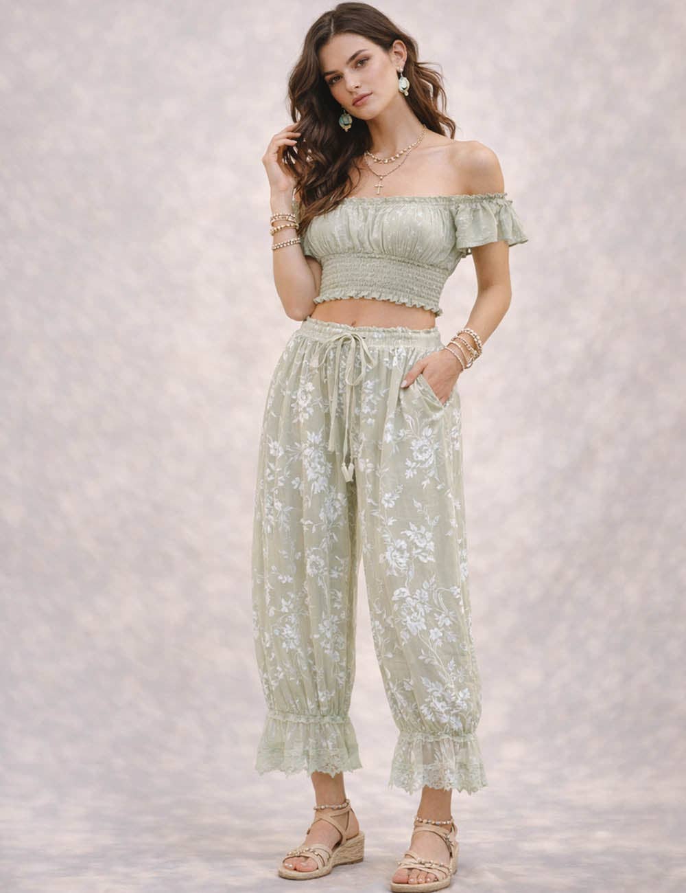 Ladies Lace Hem Floral Flocked Elastic Waist Lantern Pants