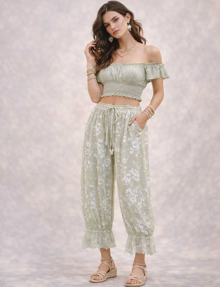 Ladies Lace Hem Floral Flocked Elastic Waist Lantern Pants
