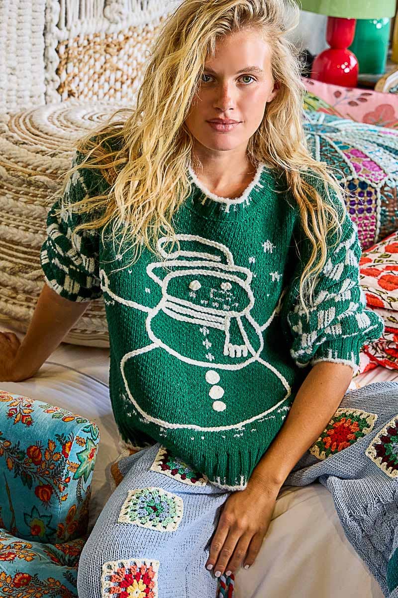 Chenille Snowman Embroidered Plaid Sleeve Sweater Top