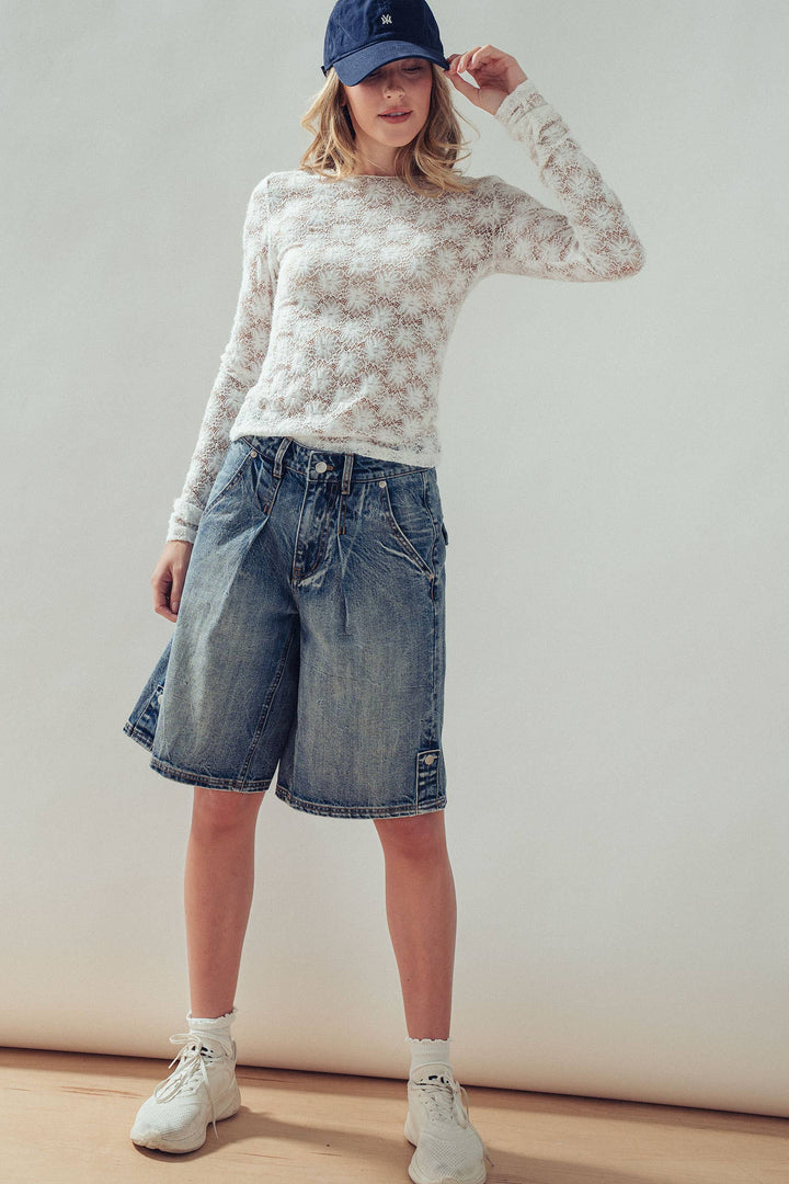 Wide-Leg Utility Denim Bermuda Shorts