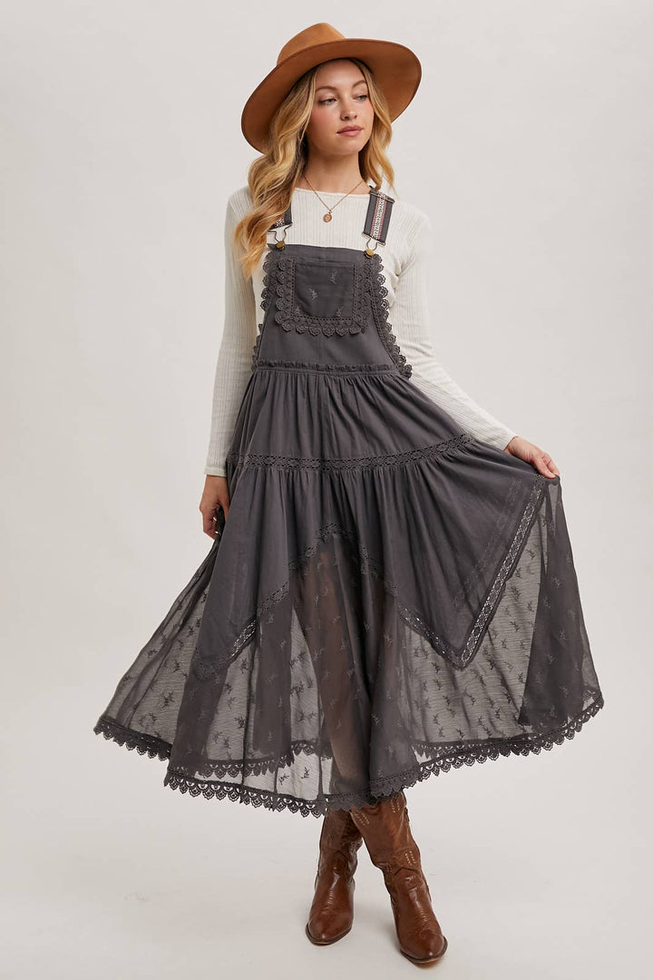 LACE EMBROIDERED TULLE BIB MAXI DRESS: ASH / L