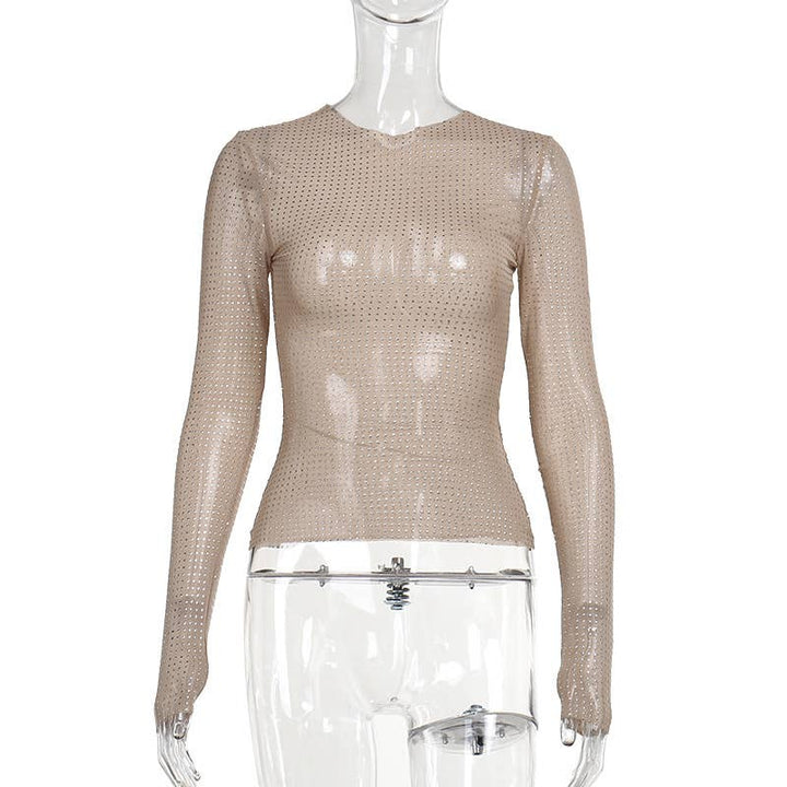 Sexy y2k rhinestone sheer top mesh long-sleeves t-shirt: Flesh / S