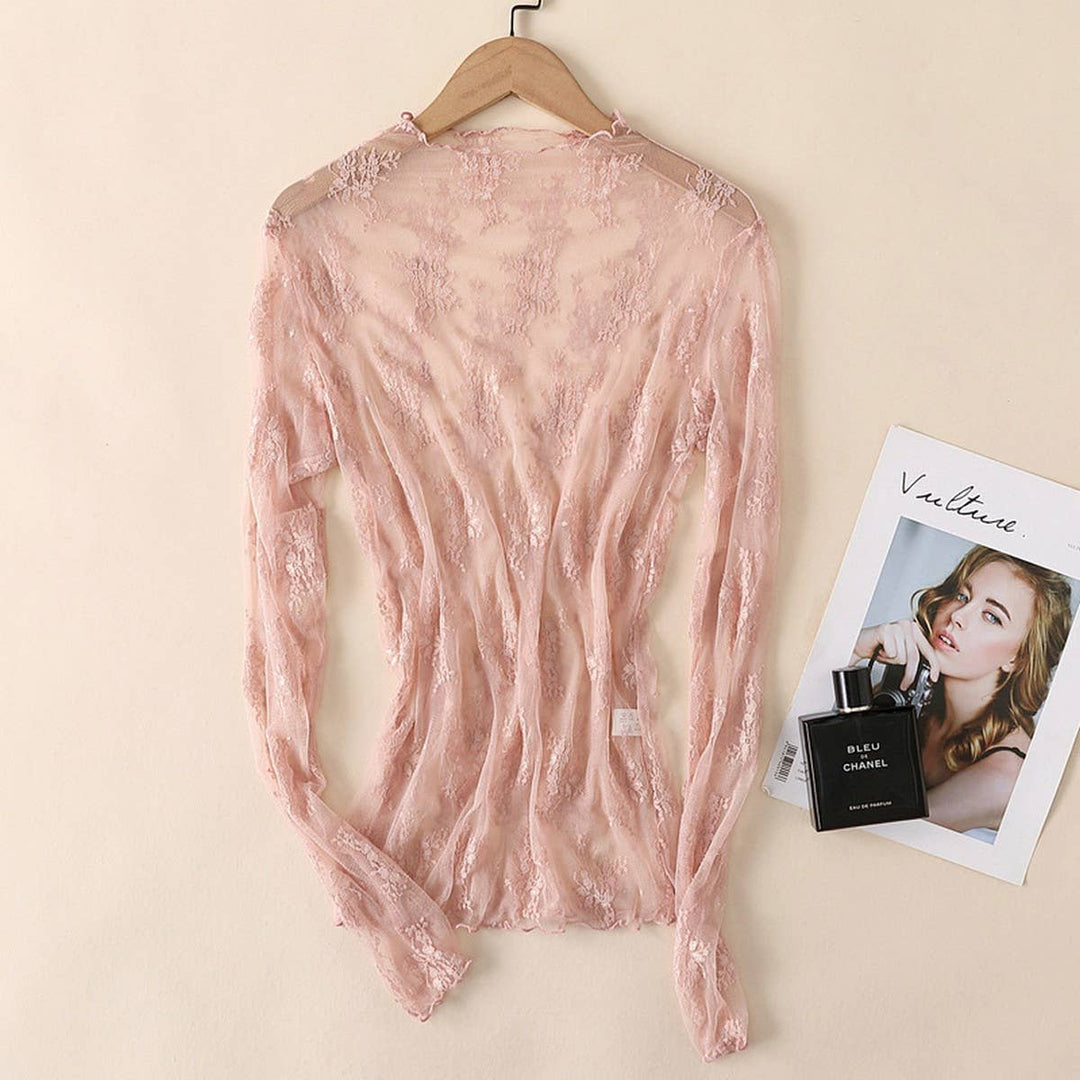 Sexy Mesh Blouse - Long Sleeve Lace Top for Women_CWTBLL3619: Black