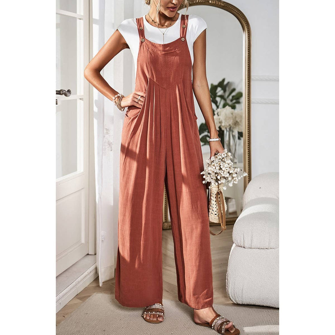 Button Detail Wide Leg Overall Pockets Jumpsuit: BEIGE / M
