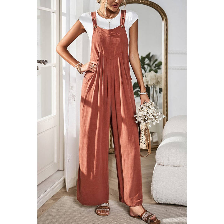 Button Detail Wide Leg Overall Pockets Jumpsuit: BEIGE / M