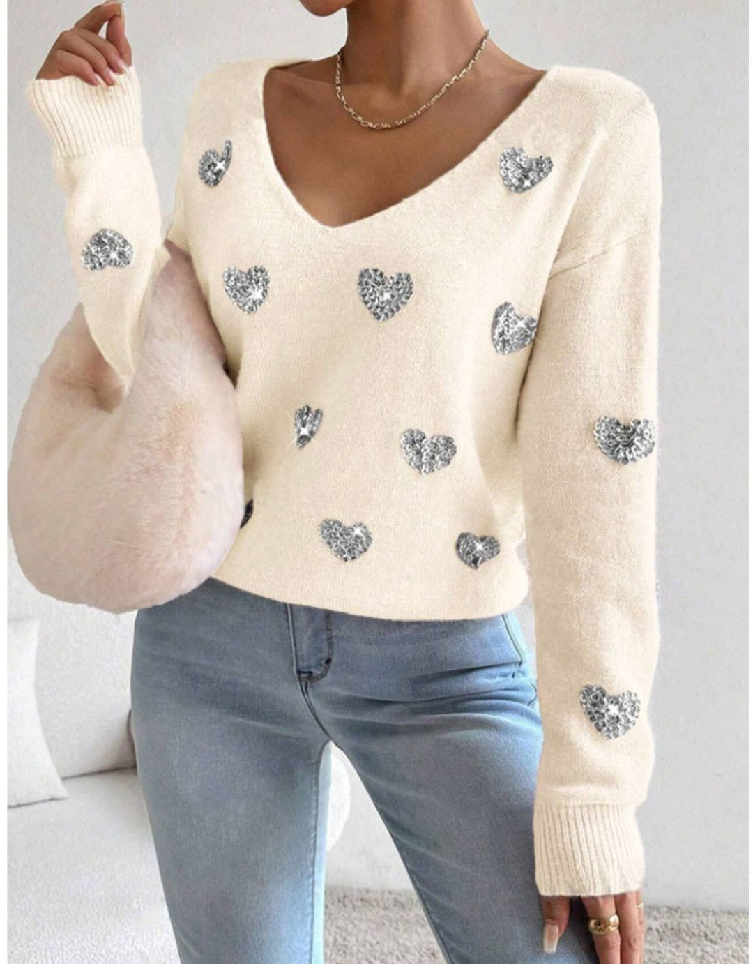 Valentines Sequin Heart Embroidered V-Neck Sweater: White / M