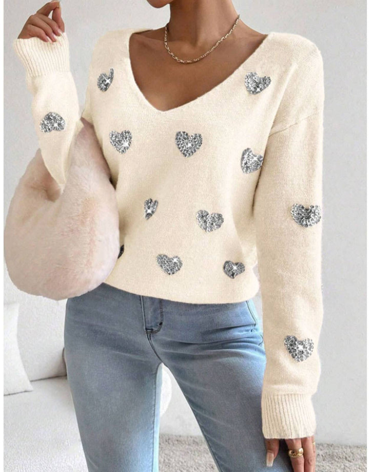 Valentines Sequin Heart Embroidered V-Neck Sweater: White / S