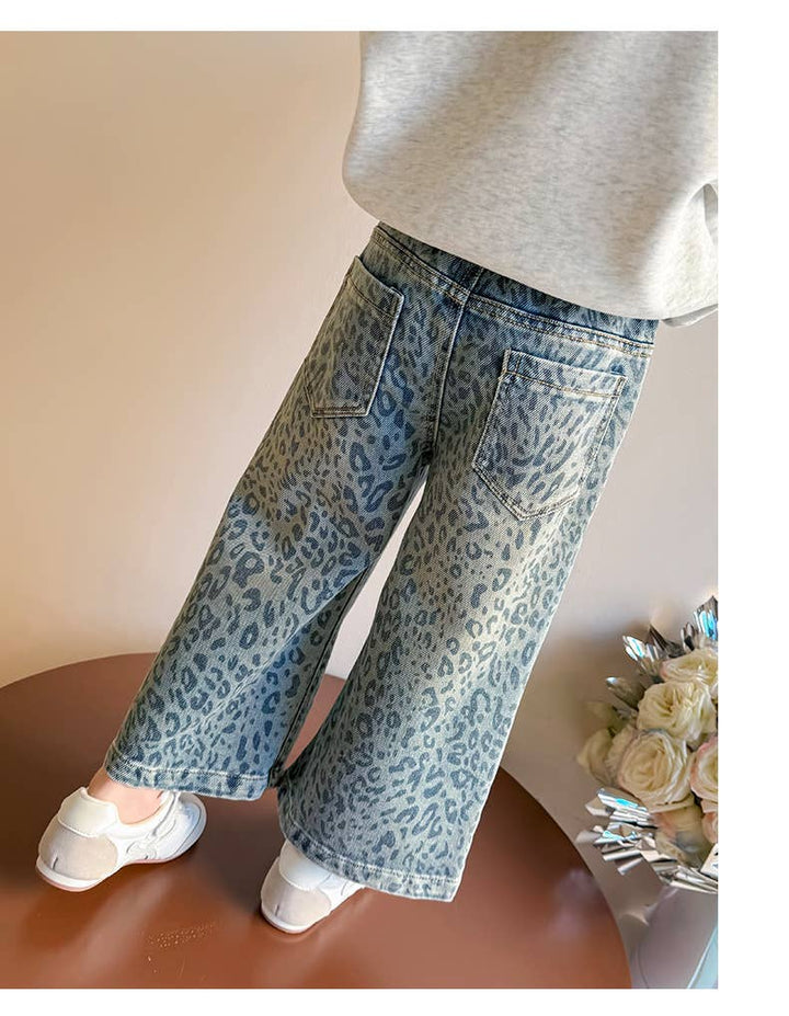 Girls' Blue Leopard Print Denim Wide-Leg Pants (JEANS): Blue / English / 5