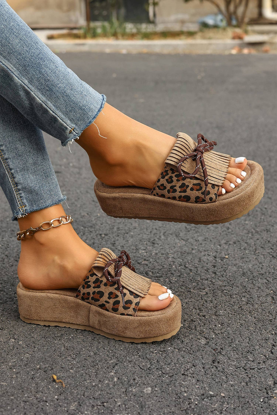 Leopard Faux Suede Slashed Lace-up Detail Platform Shoes
