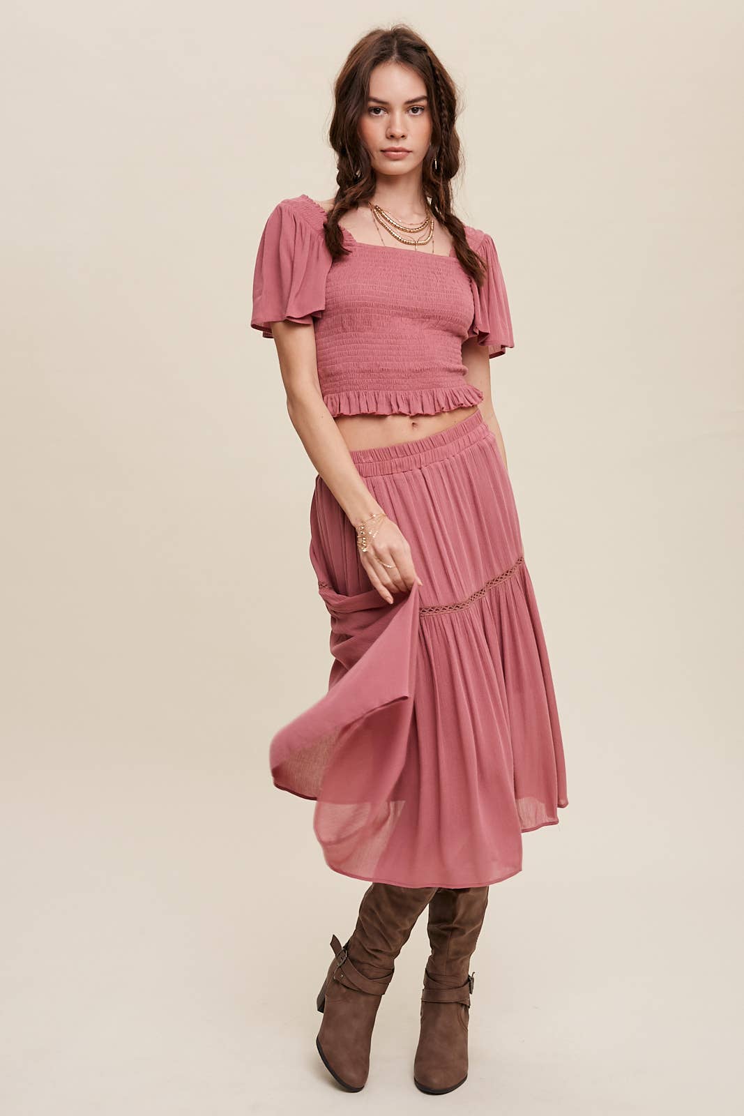 Smocked Crop Top & Tiered Midi Skirt Set: Gray