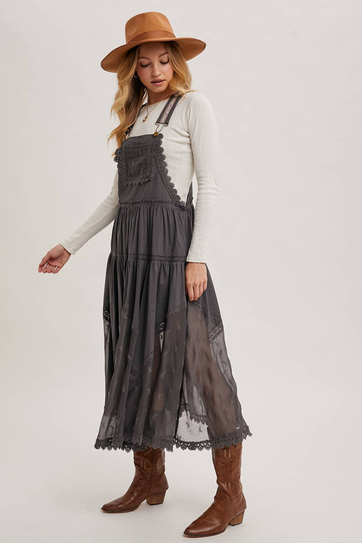 LACE EMBROIDERED TULLE BIB MAXI DRESS: ASH / M