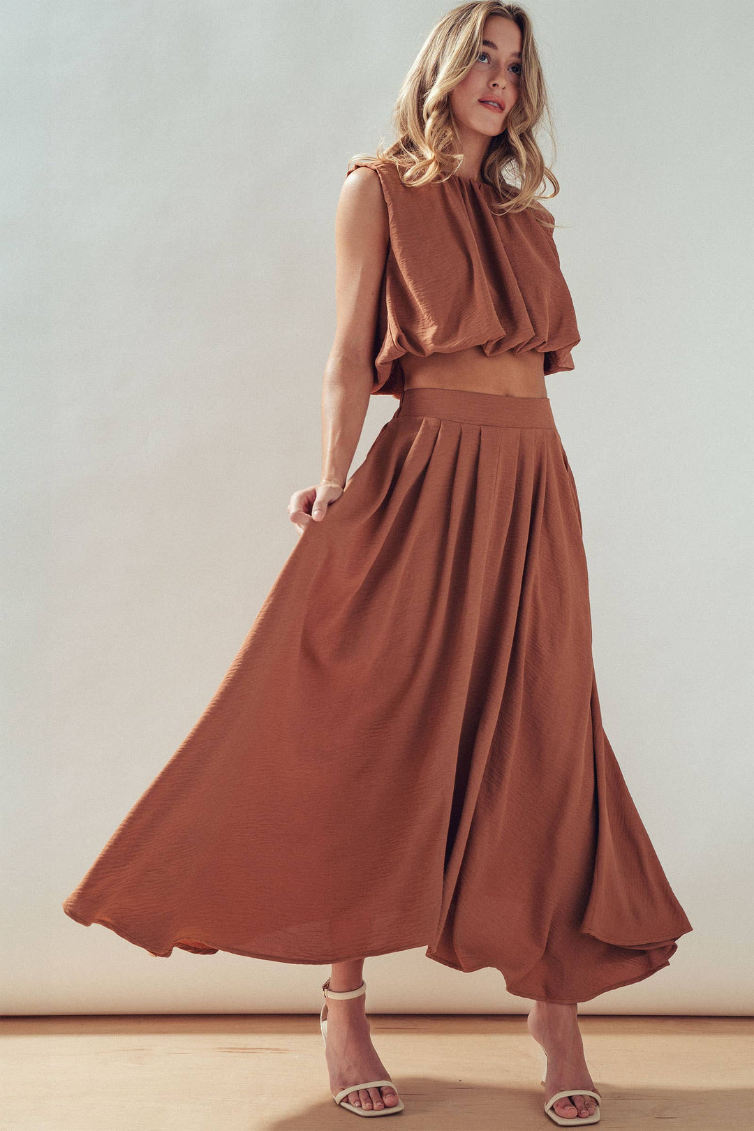 High-Waist Pleated High-Low Maxi Skirt