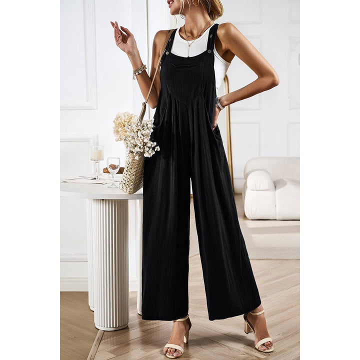 Button Detail Wide Leg Overall Pockets Jumpsuit: BEIGE / M