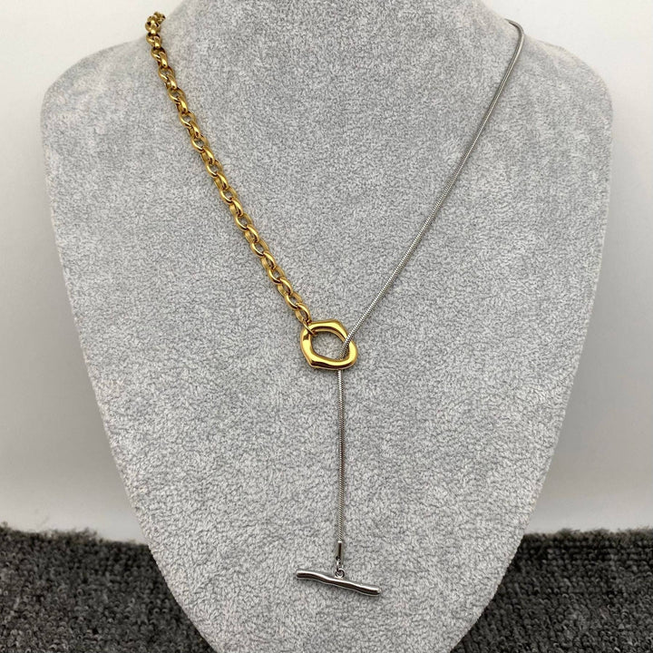 FGS - 18K Gold Plated Stainless Steel Ot Buckle Lariat Chain: Steel color + Golden