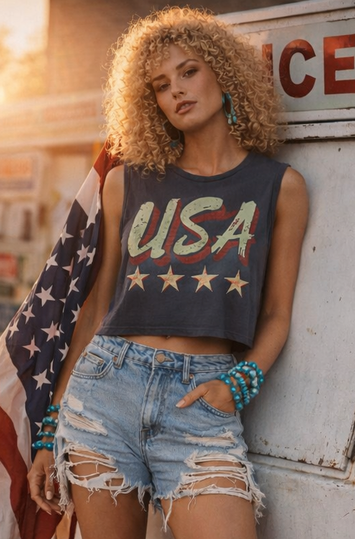 USA Vintage Muscle Crop Tee: Faded Black