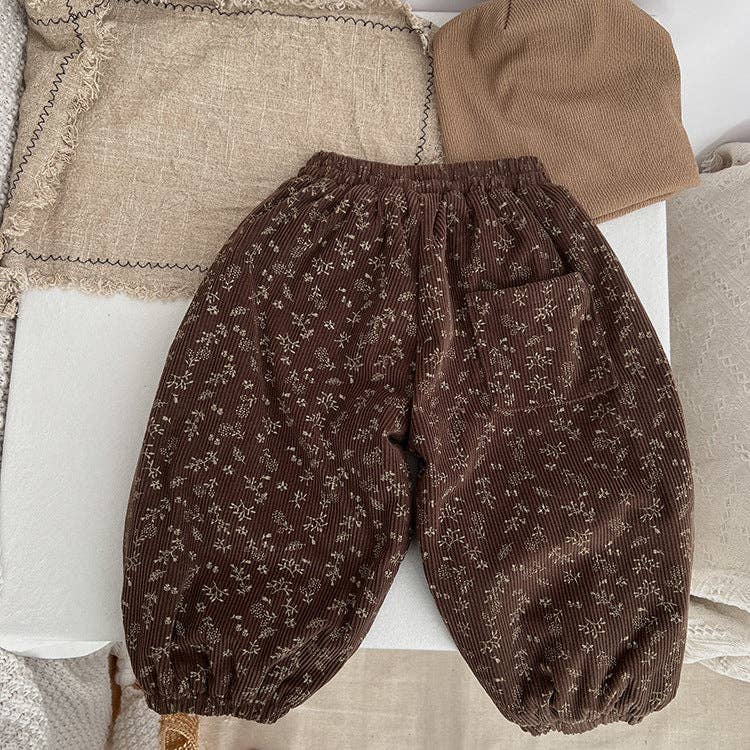 Baby Girl Ditsy Flower Pattern Corduroy Fabric Loose Thickened Pants In Winter: Coffee / 90 (12-24M)