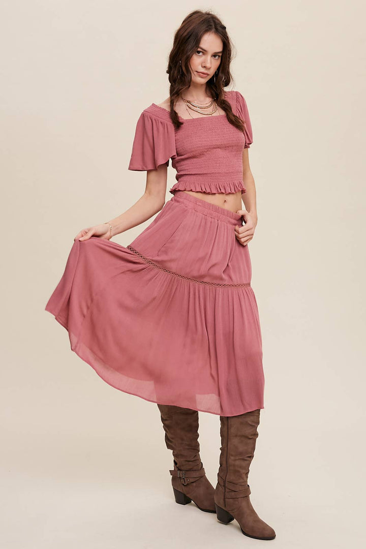 Smocked Crop Top & Tiered Midi Skirt Set: Gray