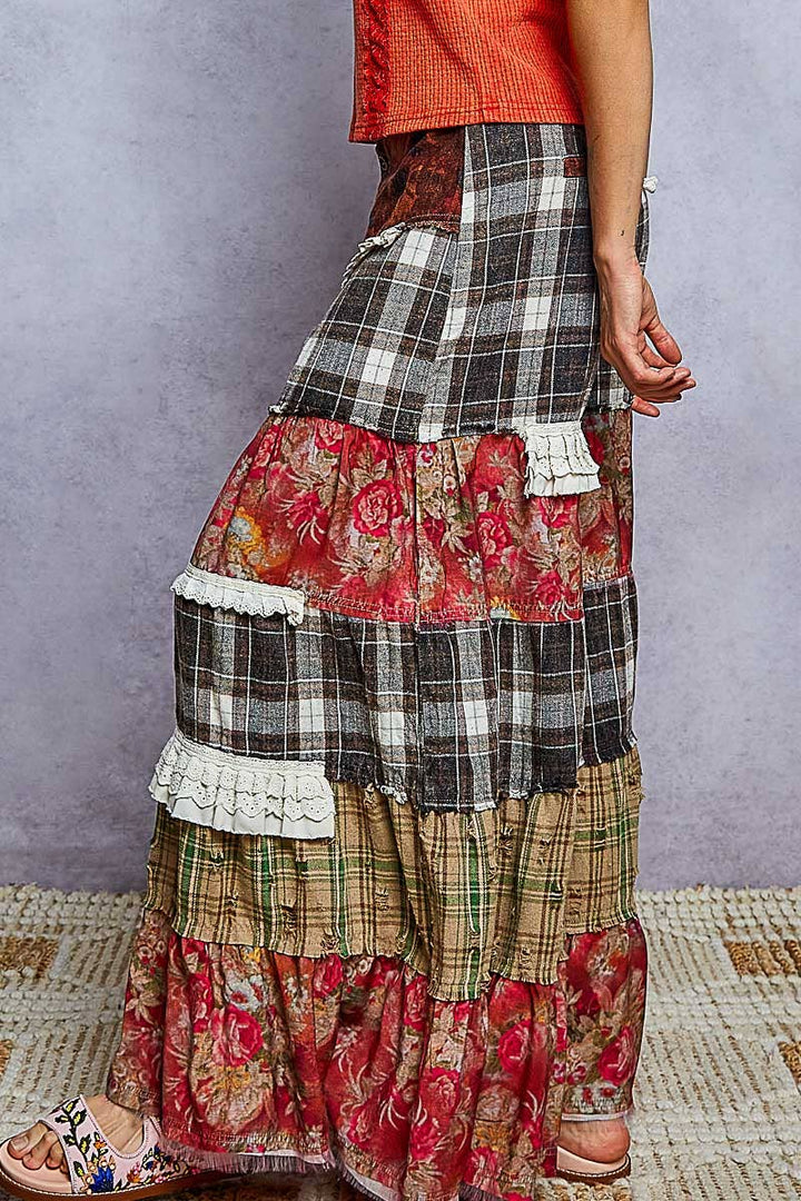 Floral Print Ruffle Trim Patchwork Plaid Wide Leg Pants