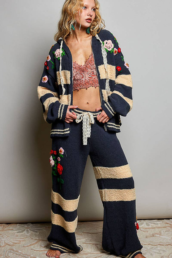 Striped Pattern 3D Embroidered Chenille Sweater Pants