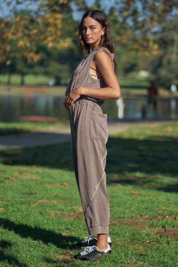 WASHED LACE TRIM HOODIE JOGGER JUMPSUIT