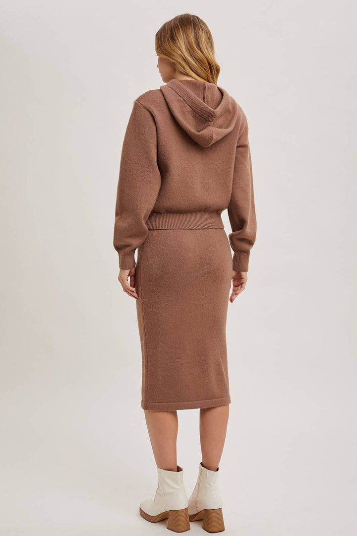 KNIT HOODIE TOP AND PENCIL SKIRT SETS: Black / S