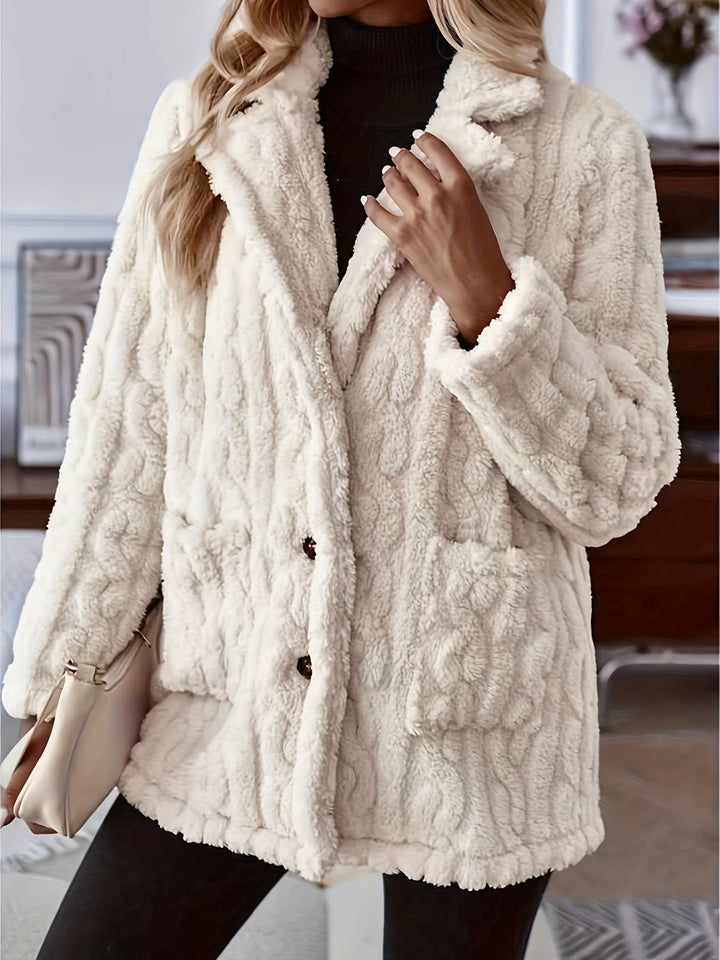 Double-sided Plush Water Ripple Button Pockets Coat: White / S