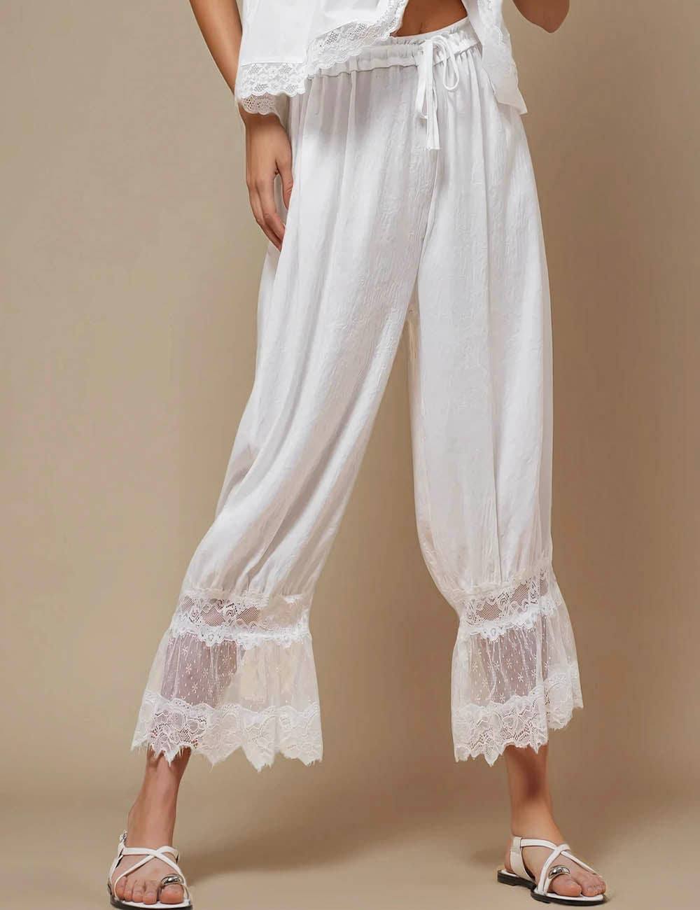 Ladies Elastic Waist Lace String Tie Lantern Pants: Black / M