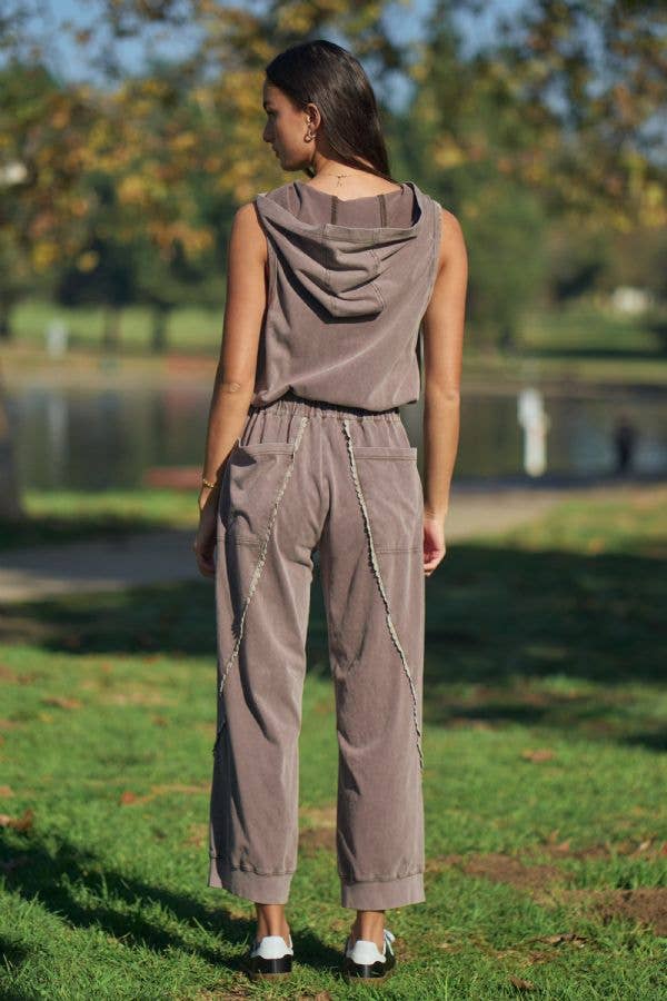 WASHED LACE TRIM HOODIE JOGGER JUMPSUIT