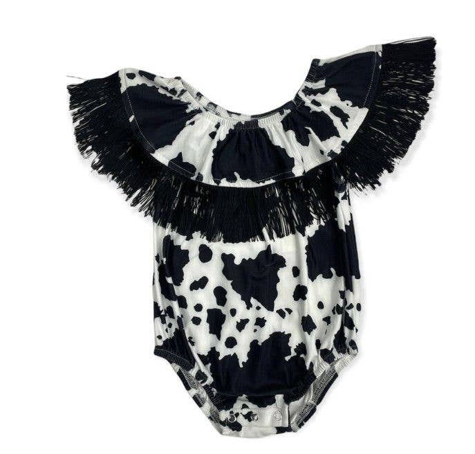 Black Cowprint w/t Neck Fringe Onesie Baby Girl